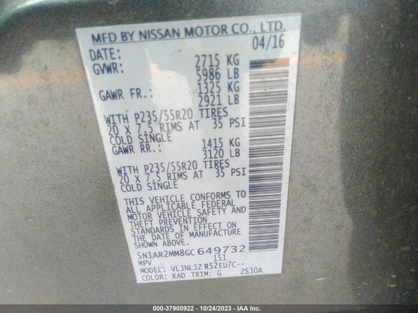 2016 NISSAN PATHFINDER PLATINUM - 5N1AR2MM8GC649732