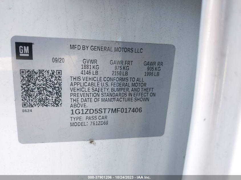 2021 CHEVROLET MALIBU LT - 1G1ZD5ST7MF017406