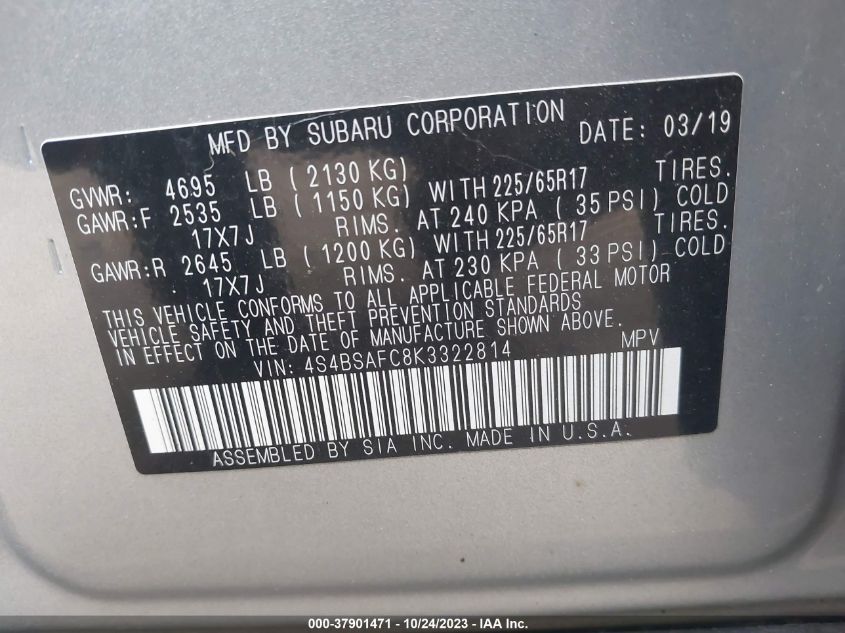 2019 SUBARU OUTBACK 2.5I PREMIUM - 4S4BSAFC8K3322814
