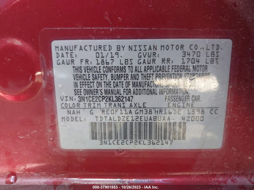 2019 NISSAN VERSA NOTE SV - 3N1CE2CP2KL362147