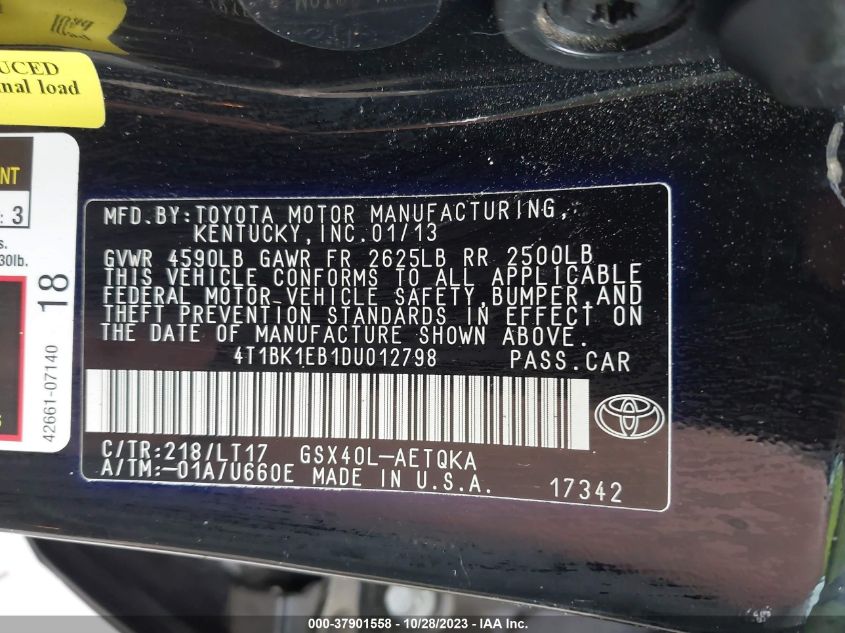 2013 TOYOTA AVALON XLE/LIMITED - 4T1BK1EB1DU012798