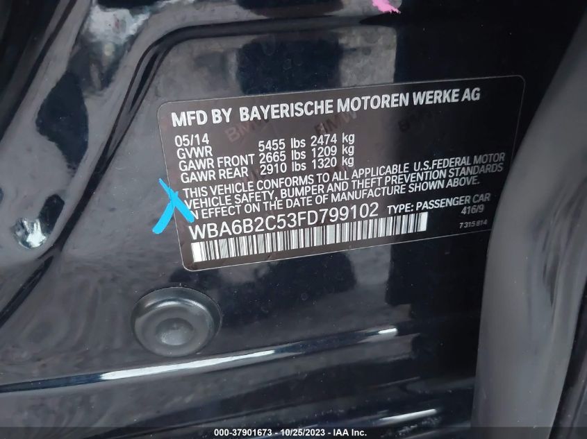 2015 BMW 6 SERIES 650I WBA6B2C53FD799102