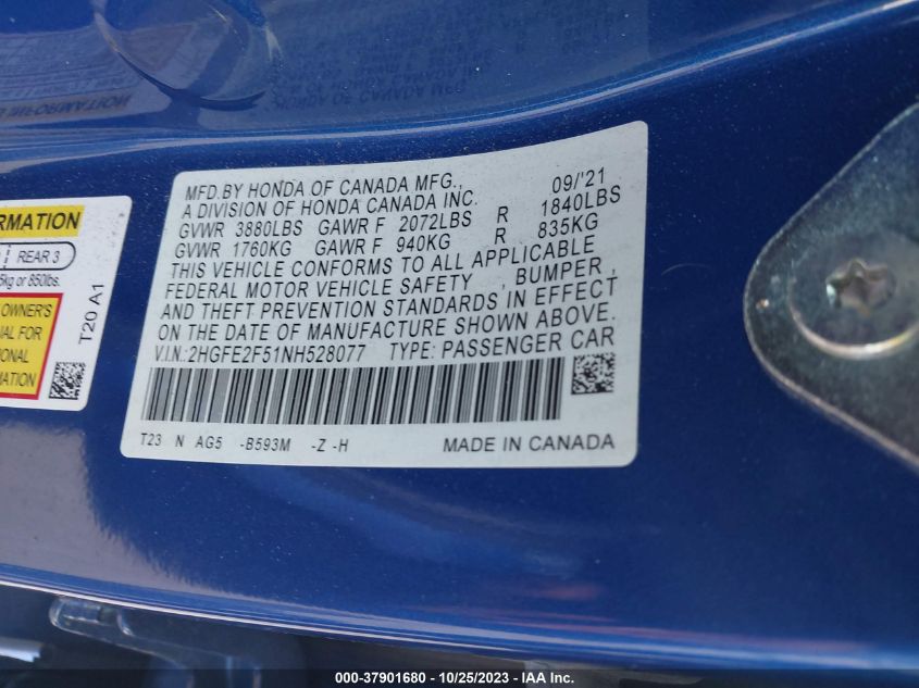 2HGFE2F51NH528077 Honda Civic Sedan SPORT 9