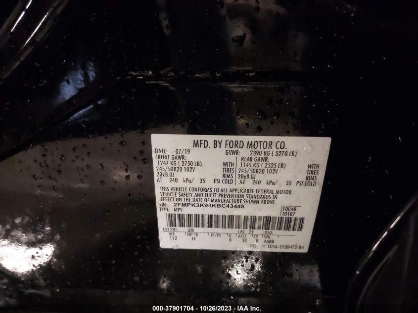 VIN 2FMPK3K93KBC43448 2019 FORD EDGE TITANIUM