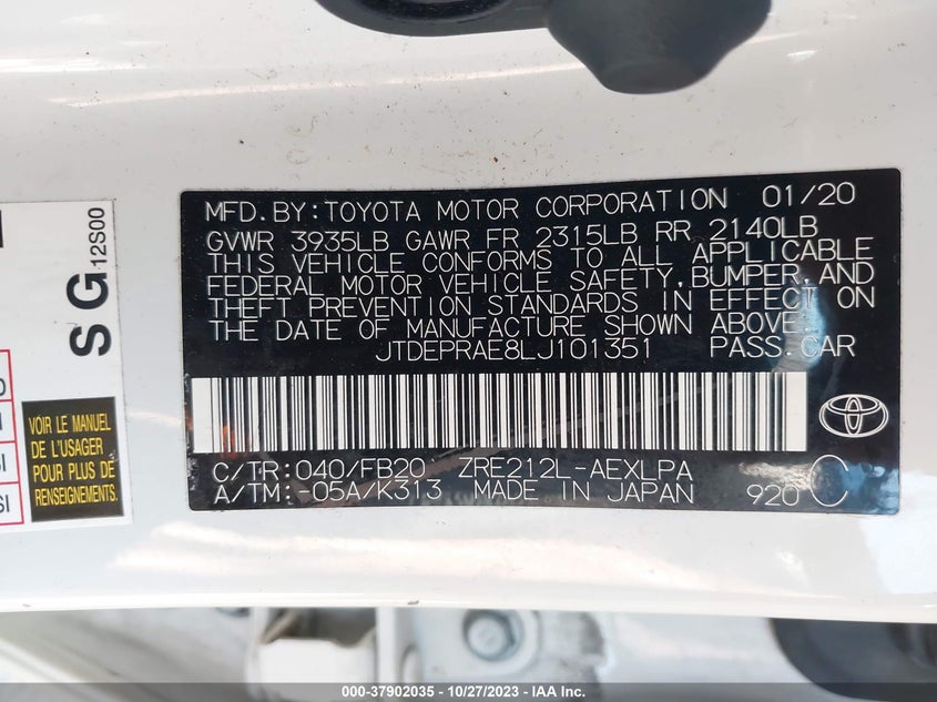 VIN JTDEPRAE8LJ101351 2020 TOYOTA COROLLA LE