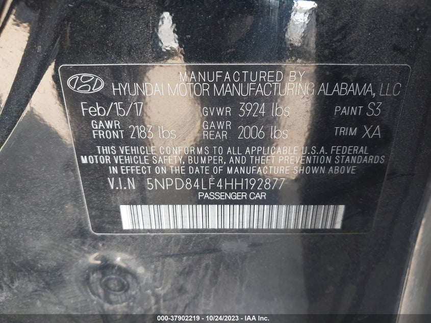 VIN 5NPD84LF4HH192877 2017 HYUNDAI ELANTRA SE/VALUE/LIMITED