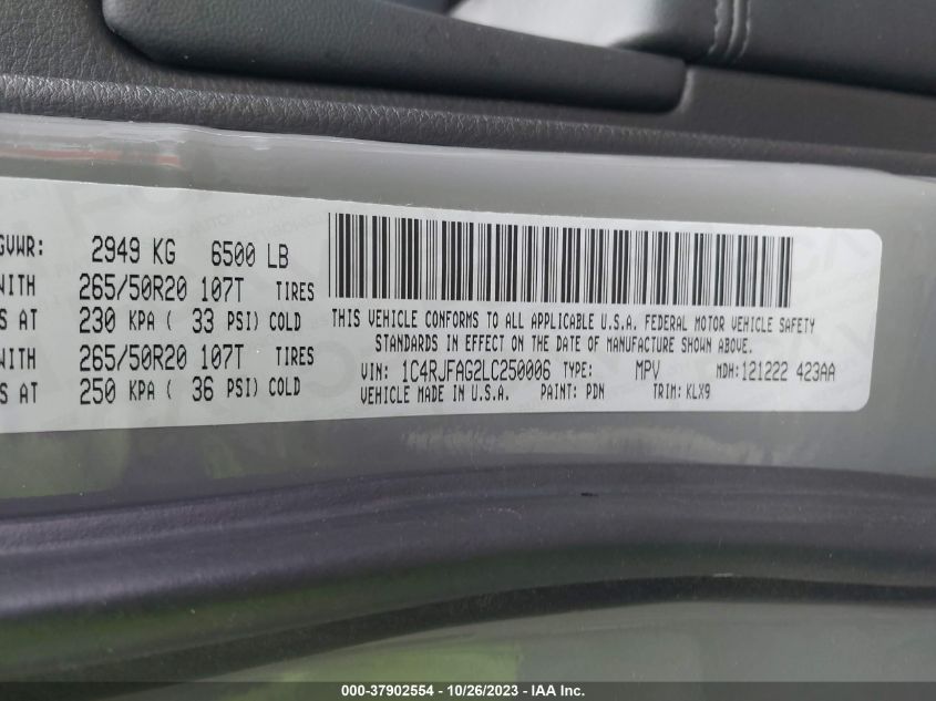 VIN 1C4RJFAG2LC250006 2020 JEEP GRAND CHEROKEE ALTITUDE