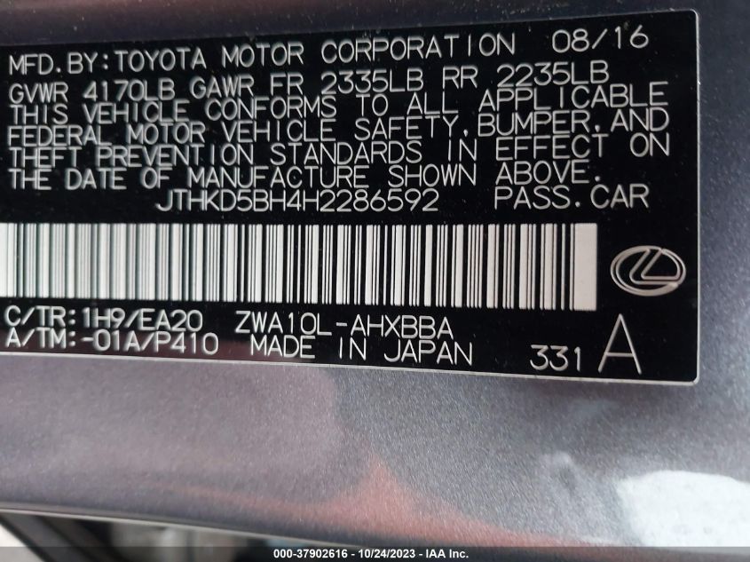 2017 LEXUS CT CT 200H JTHKD5BH4H2286592