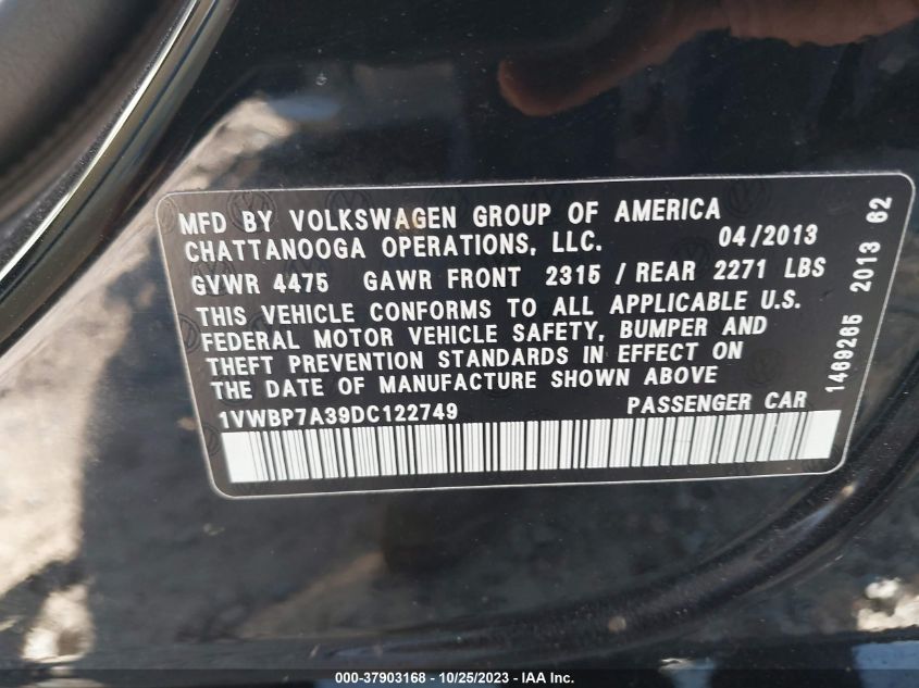 2013 VOLKSWAGEN PASSAT SE - 1VWBP7A39DC122749