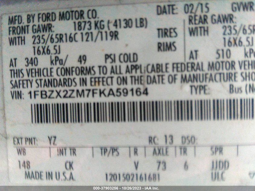 2015 FORD TRANSIT WAGON XL/XLT 1FBZX2ZM7FKA59164