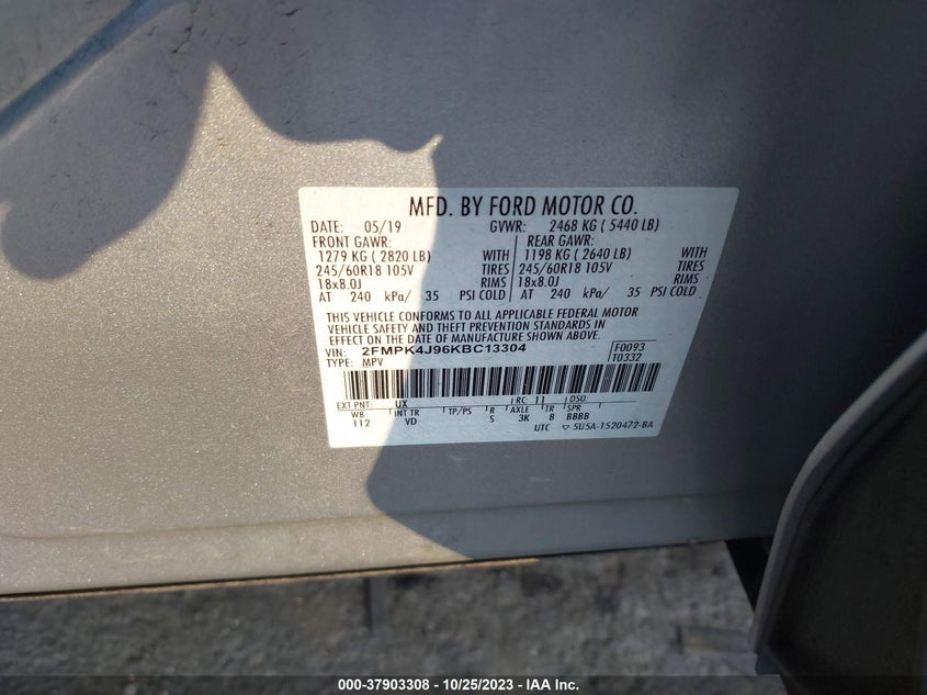 VIN 2FMPK4J96KBC13304 2019 FORD EDGE SEL