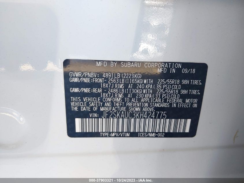 2019 SUBARU FORESTER - ZF25KAUC3KH424775