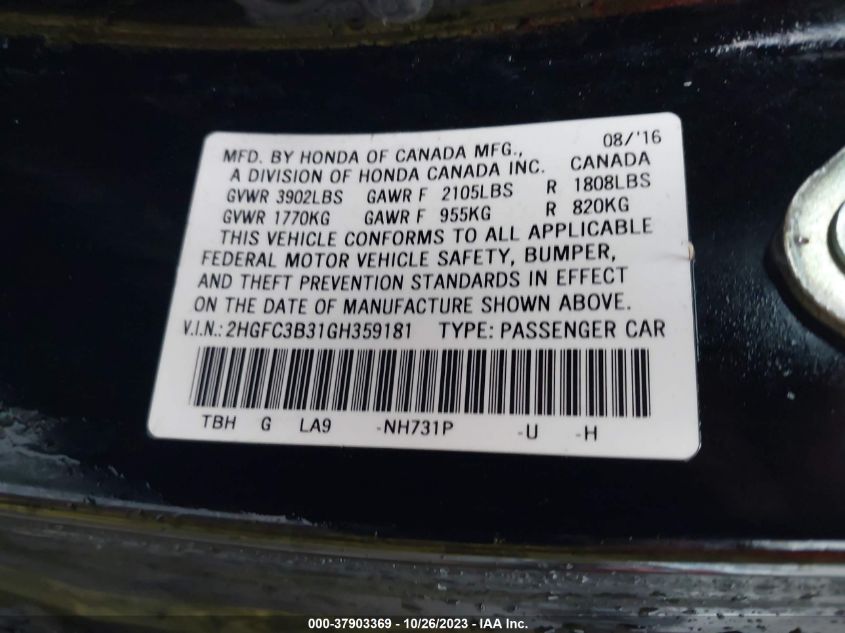 2016 HONDA CIVIC COUPE EX-T 2HGFC3B31GH359181