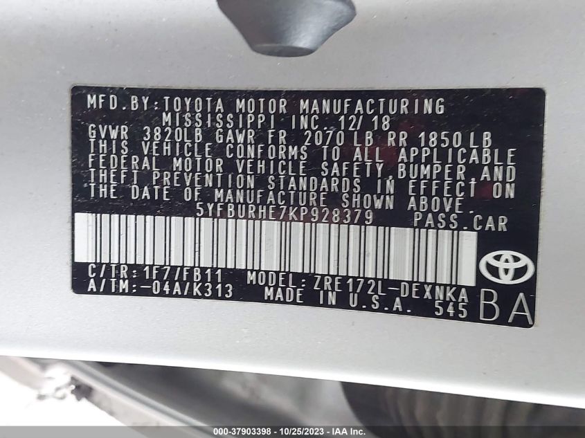 2019 TOYOTA COROLLA L/LE/XLE/SE/XSE - 5YFBURHE7KP928379