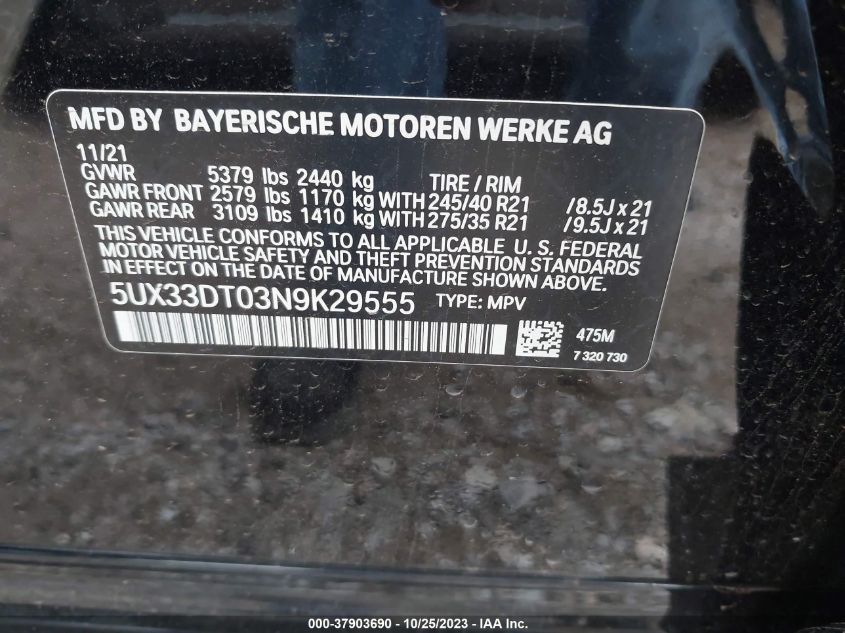 2022 BMW X4 XDRIVE30I - 5UX33DT03N9K29555