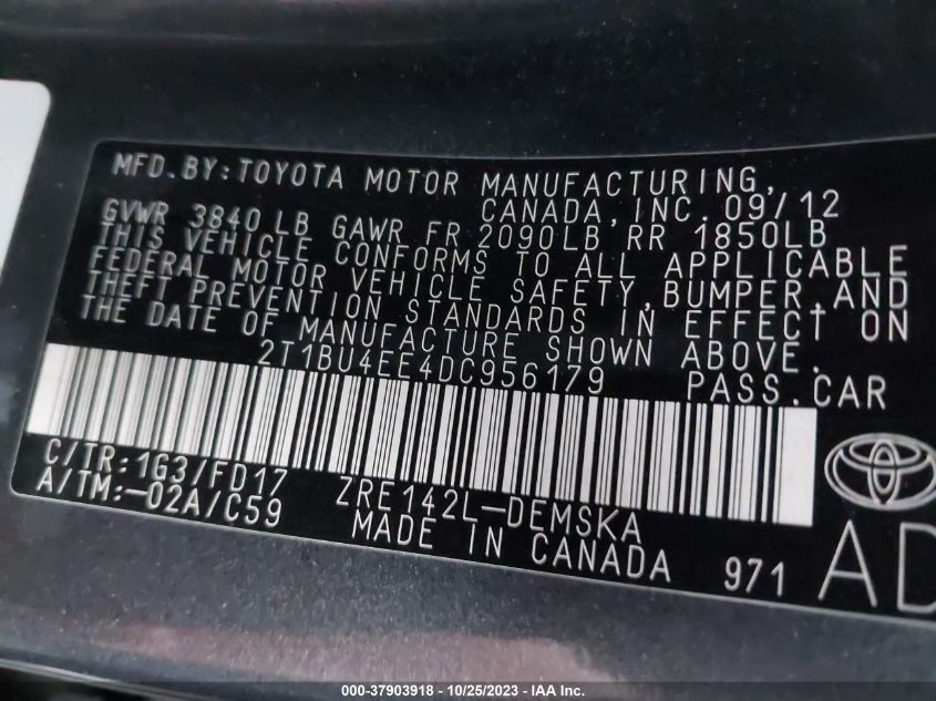 2013 TOYOTA COROLLA L/LE/S - 2T1BU4EE4DC956179