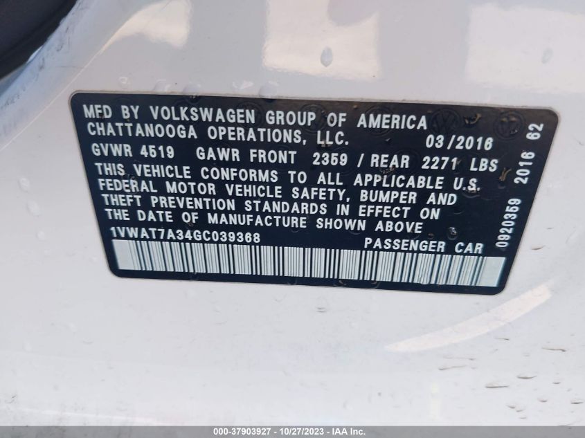 2016 VOLKSWAGEN PASSAT 1.8T S - 1VWAT7A34GC039368