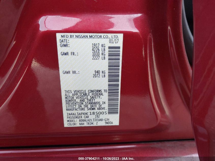 2017 NISSAN ALTIMA 2.5/S/SV/SL/SR - 1N4AL3APXHC185005