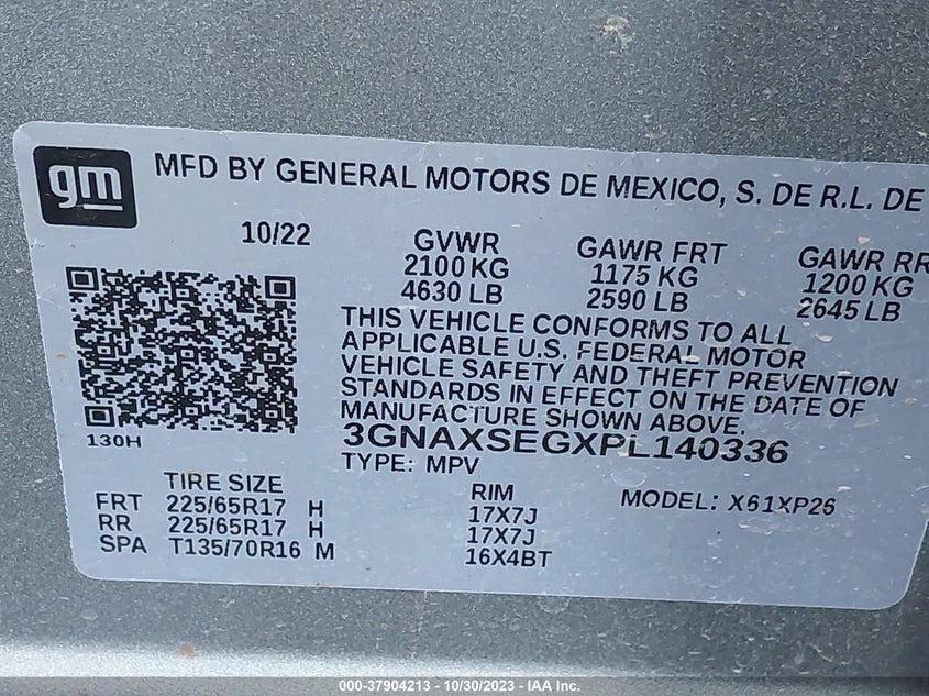 2023 CHEVROLET EQUINOX 1.5L I4 FI DOHC 16V (VIN: 3GNAXSEGXPL140336