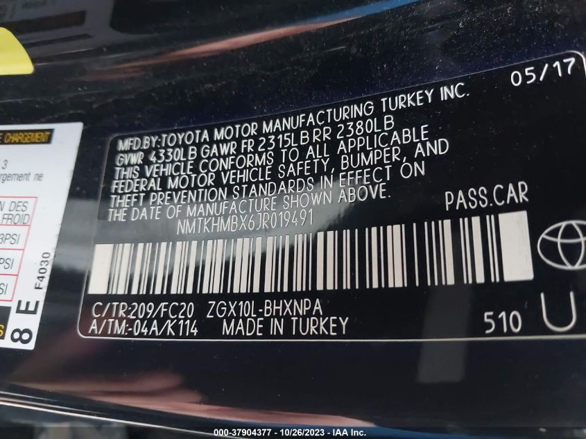 2018 TOYOTA C-HR XLE/XLE PREMIUM - NMTKHMBX6JR019491