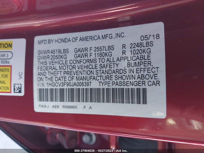VIN 1HGCV3F90JA006397 2018 HONDA ACCORD HYBRID TOURING