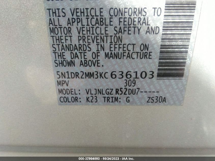 2019 NISSAN PATHFINDER SL - 5N1DR2MM3KC636103