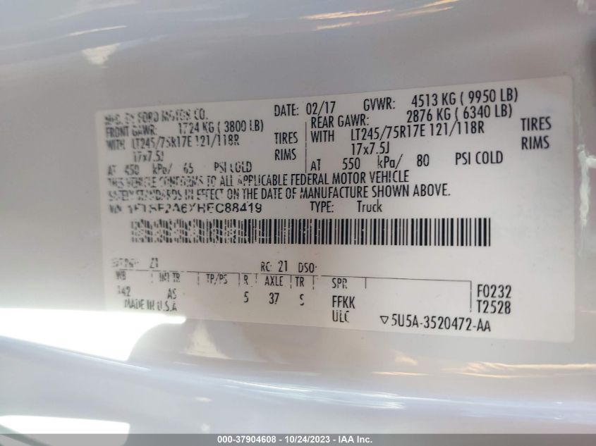 2017 FORD F250 SUPER DUTY 1FTBF2A6XHE88419