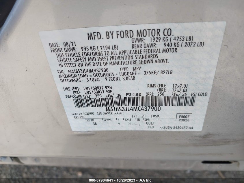 VIN MAJ6S3JL4MC437900 2021 FORD ECOSPORT SES