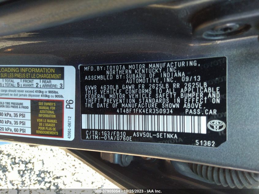 2014 TOYOTA CAMRY L/LE/XLE/SE/SE SPORT - 4T4BF1FK4ER350934