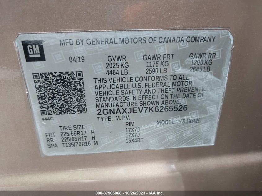 2019 CHEVROLET EQUINOX LT - 2GNAXJEV7K6265526
