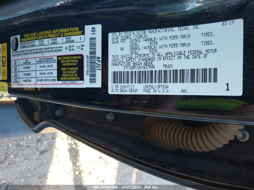 2019 TOYOTA TUNDRA SR5 5.7L V8 - 5TFUW5F12KX837548