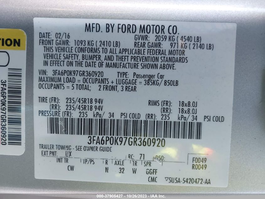 2016 FORD FUSION TITANIUM - 3FA6P0K97GR360920