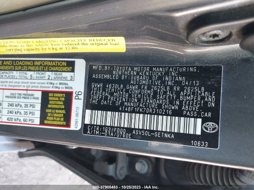 2013 TOYOTA CAMRY L/LE/SE/XLE - 4T4BF1FK7DR310216