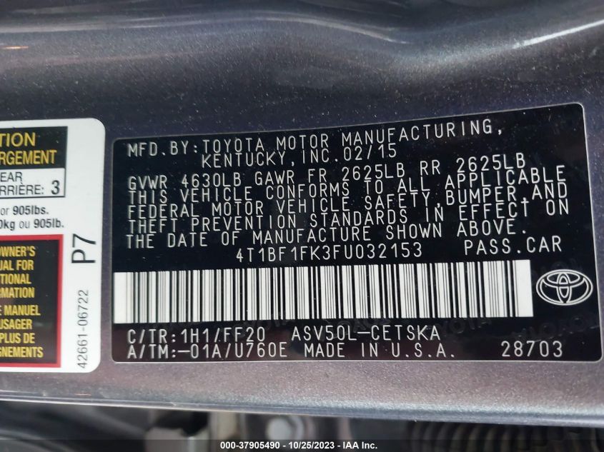 2015 TOYOTA CAMRY LE/XLE/SE/XSE - 4T1BF1FK3FU032153