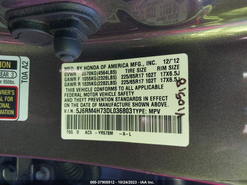 2013 HONDA CR-V EX-L - 5J6RM4H73DL036803