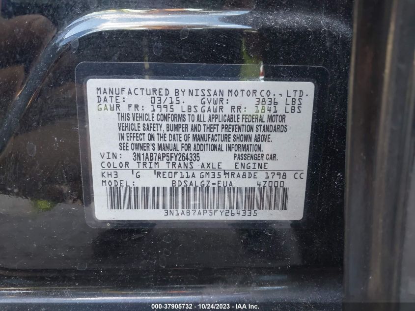 2015 NISSAN SENTRA SR/SL/S/SV/FE+ S - 3N1AB7AP5FY264335