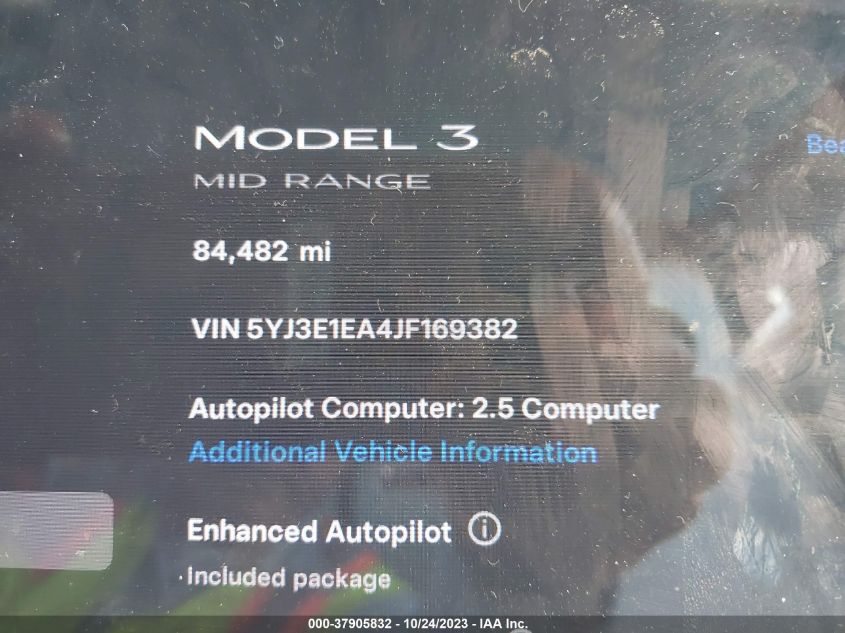 2018 TESLA MODEL 3 RANGE BATTERY - 5YJ3E1EA4JF169382