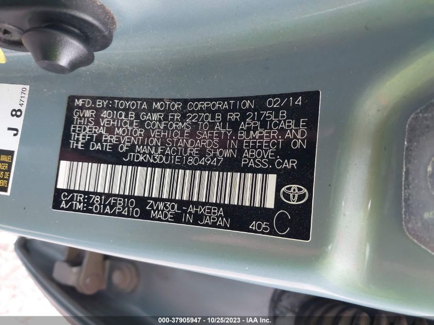 2014 TOYOTA PRIUS FOUR/FIVE/THREE/ONE/TWO - JTDKN3DU1E1804947