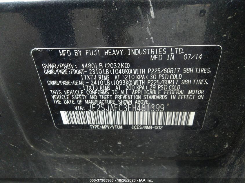 2015 SUBARU FORESTER 2.5I PREMIUM - JF2SJAFC3FH481399