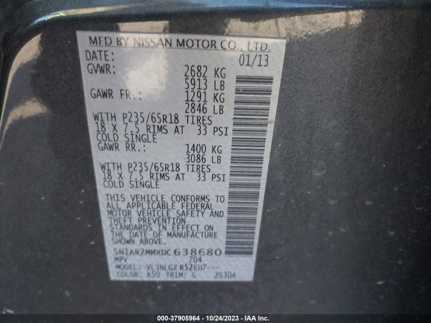 2013 NISSAN PATHFINDER SL - 5N1AR2MMXDC638680