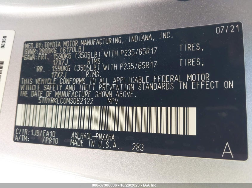 VIN 5TDYRKEC0MS062122 2021 TOYOTA SIENNA XLE