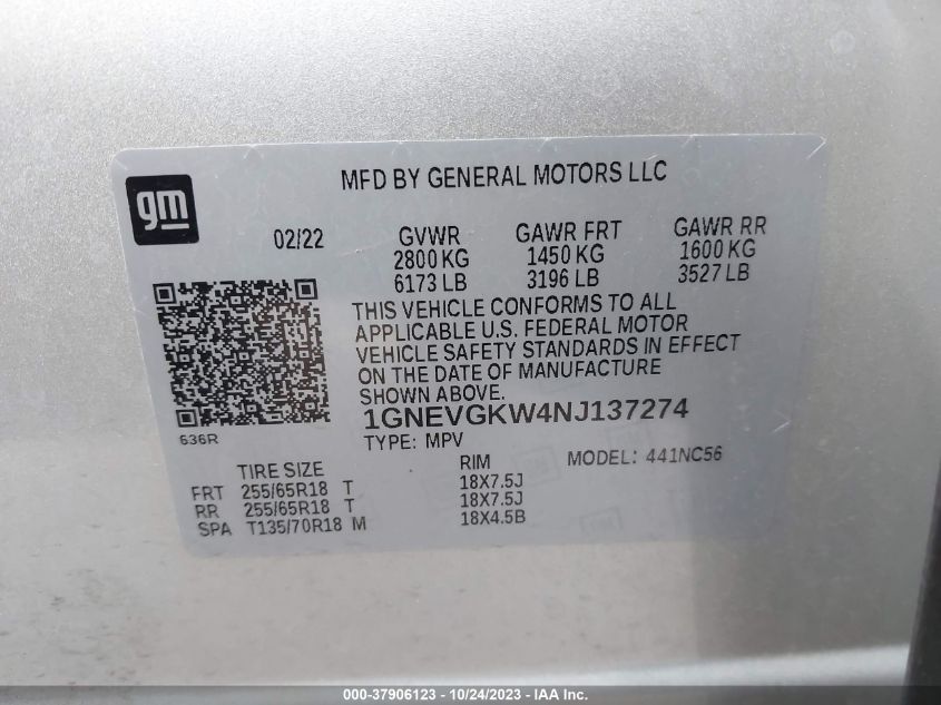 1GNEVGKW4NJ137274 Chevrolet Traverse LT CLOTH 9