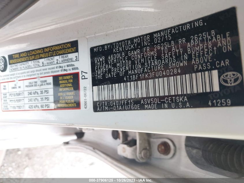 2015 TOYOTA CAMRY LE/XLE/SE/XSE - 4T1BF1FK3FU040284