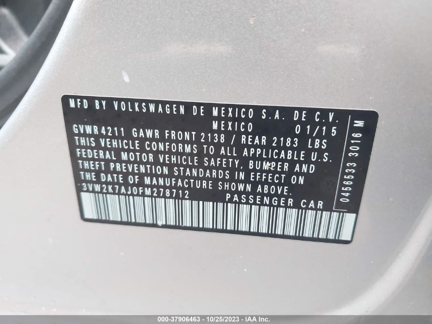 2015 VOLKSWAGEN JETTA SEDAN 2.0L S W/TECHNOLOGY - 3VW2K7AJ0FM278712