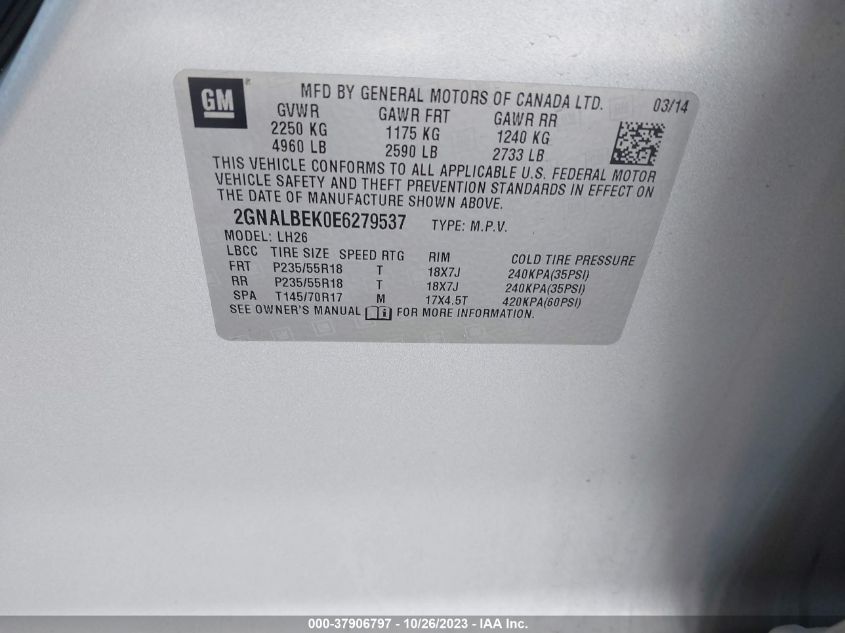 2014 CHEVROLET EQUINOX LT - 2GNALBEK0E6279537