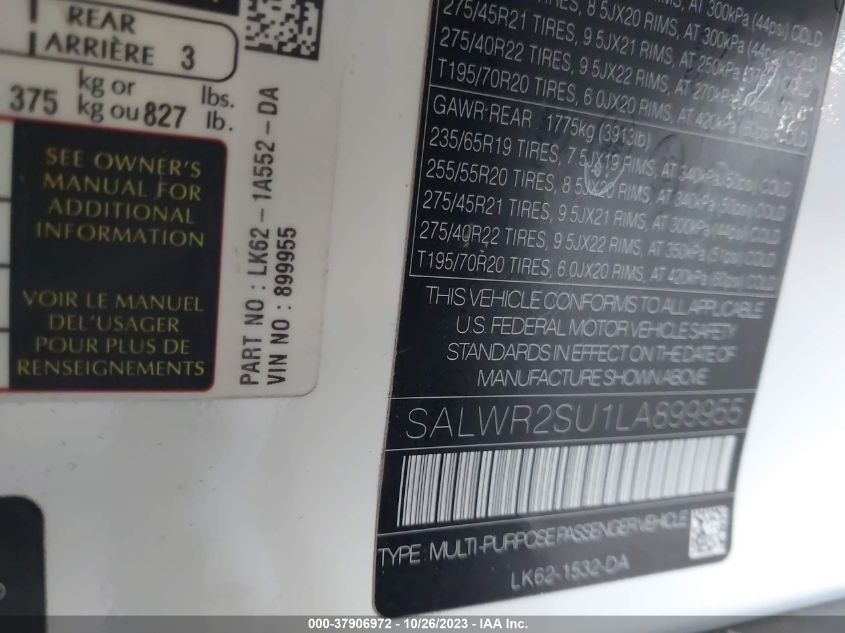 2020 LAND ROVER RANGE ROVER SPORT HSE - SALWR2SU1LA899955