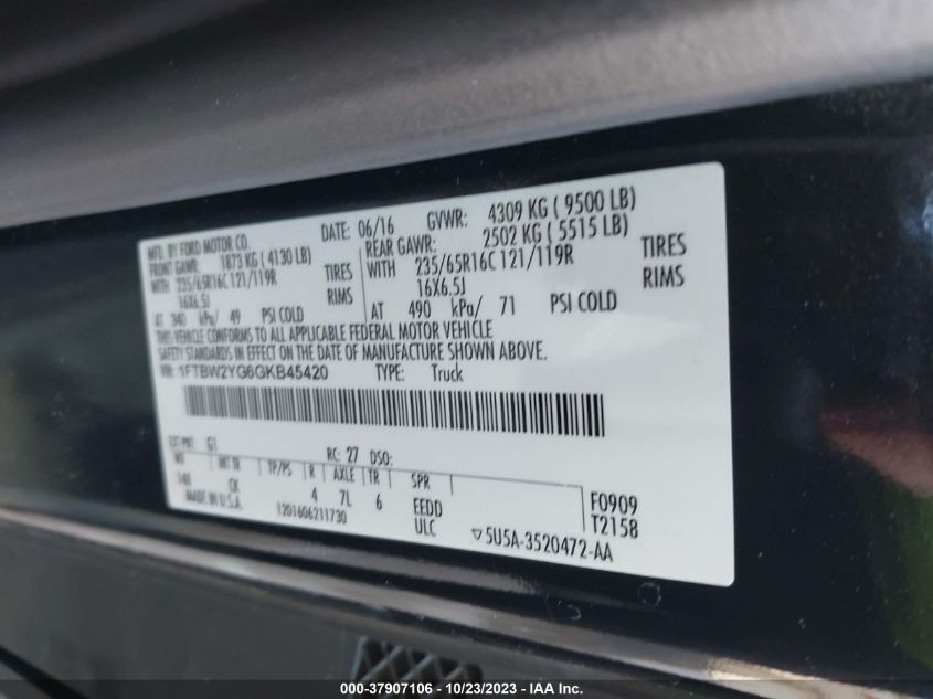 2016 FORD TRANSIT CARGO VAN BASE W/SLIDING PASS-SIDE CARGO DOOR 1FTBW2YG6GKB45420