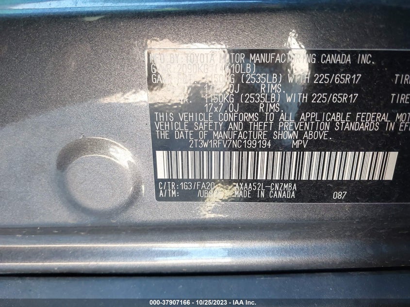 VIN 2T3W1RFV7NC199194 2022 TOYOTA RAV4 XLE/XLE PREMIUM