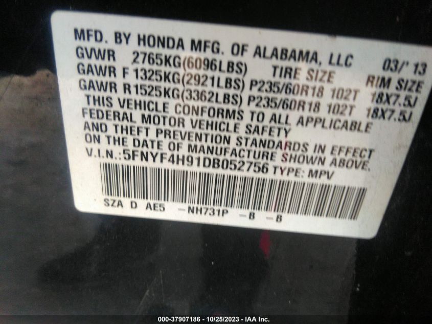 2013 HONDA PILOT TOURING - 5FNYF4H91DB052756