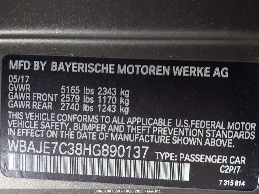 2017 BMW 540I XDRIVE WBAJE7C38HG890137